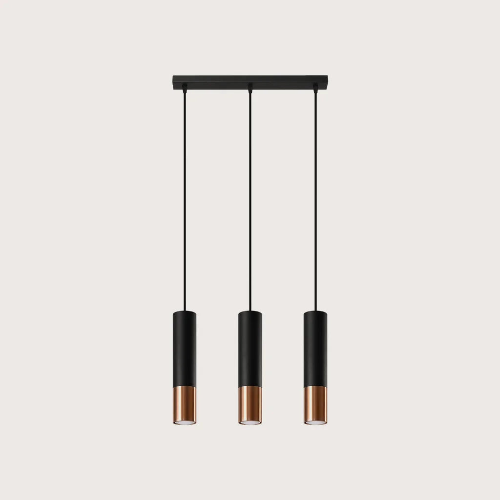 Fekete-fém cső függőlámpa, fekete/réz (3 izzós – 45 cm-es sín)