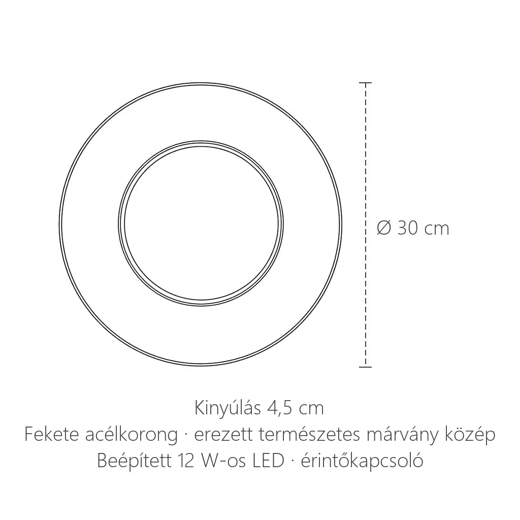 Fekete korong márvány LED fali lámpa méretei: Ø 30 cm, kinyúlás 4,5 cm