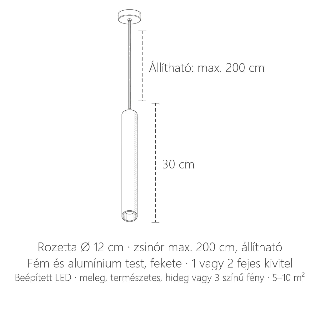 LED cső függőlámpa méretei: 30 cm, rozetta Ø 12 cm