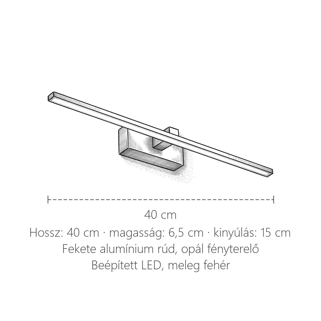 Fekete LED tükörlámpa méretei: 40 cm hosszú
