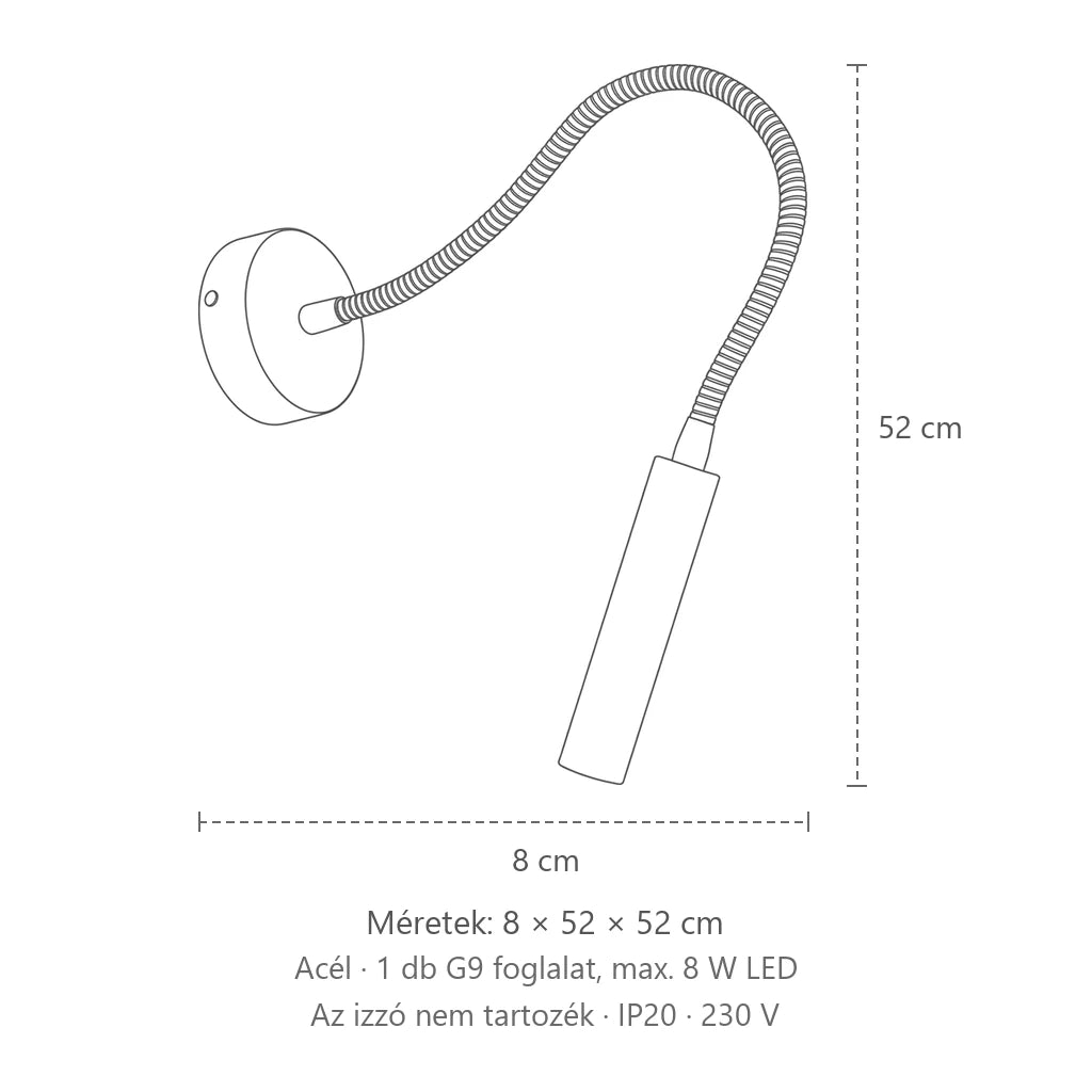Fekete olvasó fali lámpa flexibilis karral méretei: 8 × 52 × 52 cm