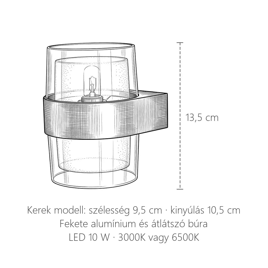 Fekete pántos LED fali lámpa, kerek modell méretei: 13,5 cm magas