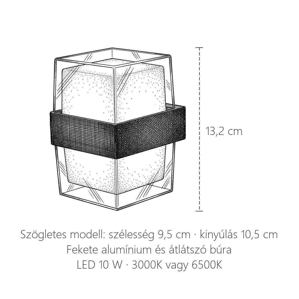 Fekete pántos LED fali lámpa, szögletes modell méretei: 13,2 cm magas