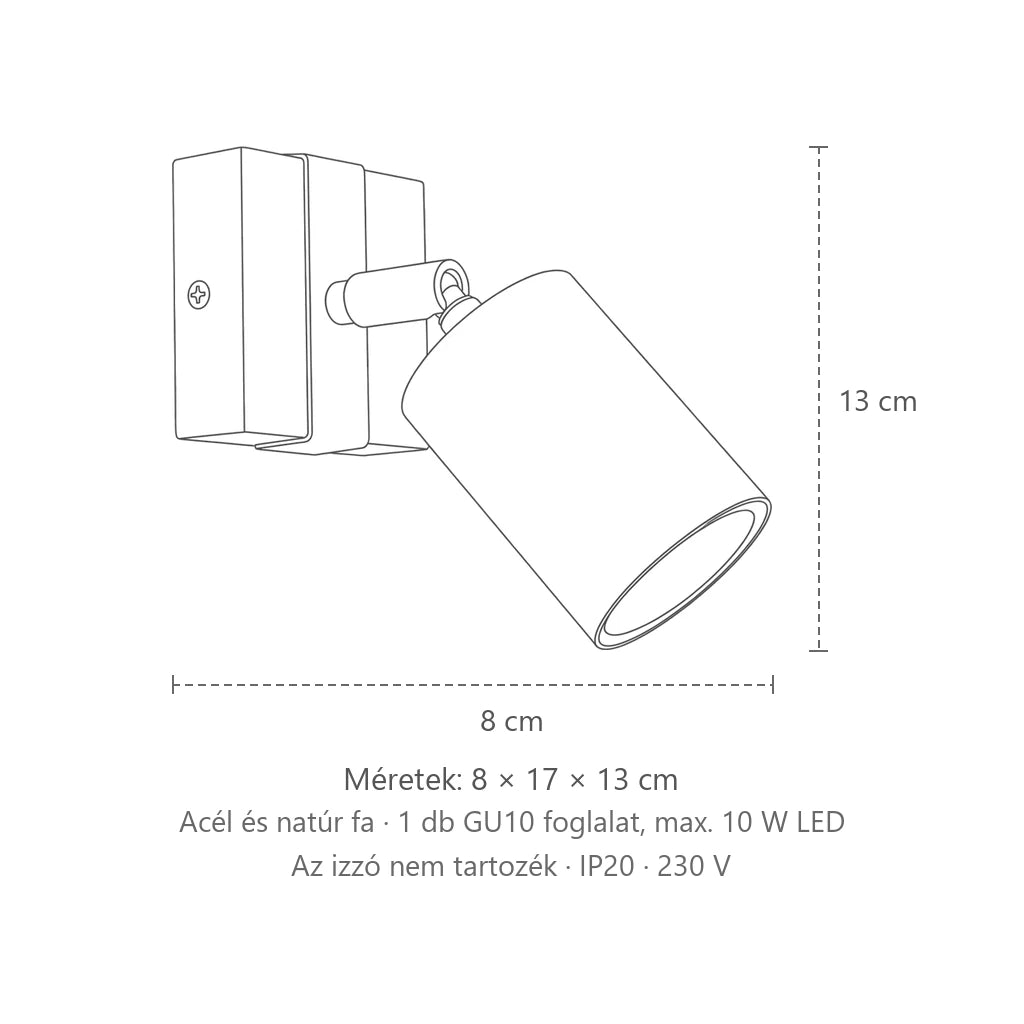 Fekete spot fali lámpa fa talplemezen méretei: 8 × 17 × 13 cm