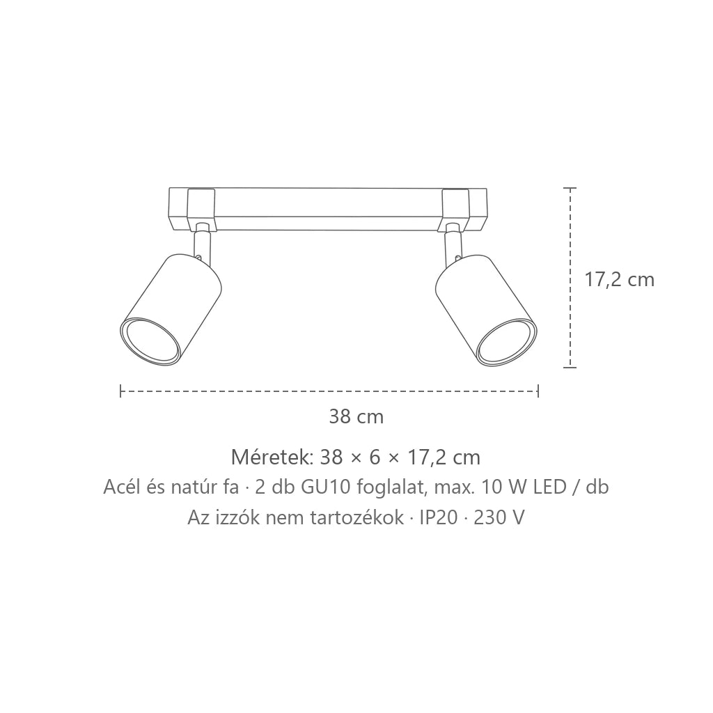 Fekete spotos mennyezeti lámpa fa sínen méretei (2 izzós – 38 cm-es sín): 38 × 6 × 17,2 cm