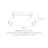 Fekete spotos mennyezeti lámpa fa sínen méretei (2 izzós – 38 cm-es sín): 38 × 6 × 17,2 cm