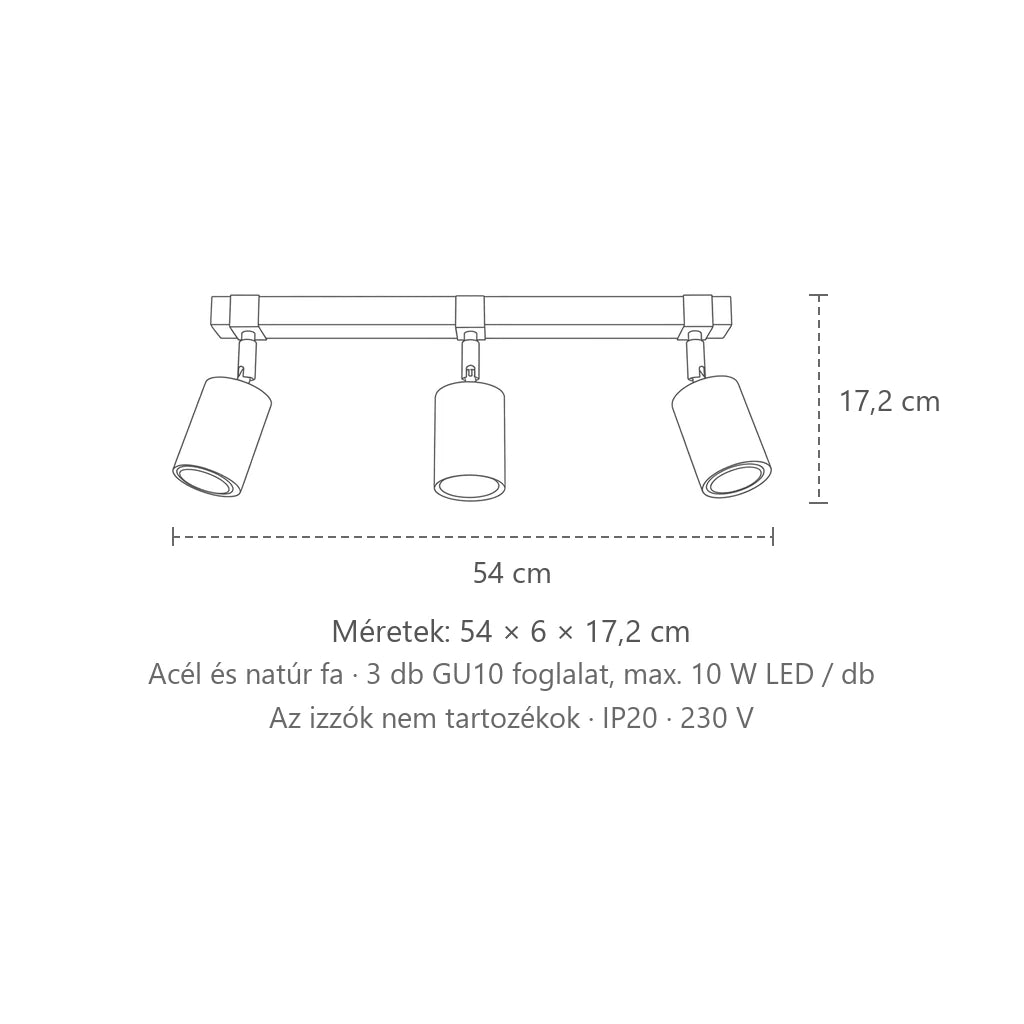 Fekete spotos mennyezeti lámpa fa sínen méretei (3 izzós – 54 cm-es sín): 54 × 6 × 17,2 cm