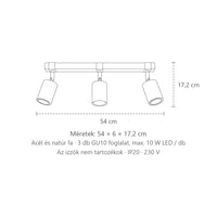 Fekete spotos mennyezeti lámpa fa sínen méretei (3 izzós – 54 cm-es sín): 54 × 6 × 17,2 cm