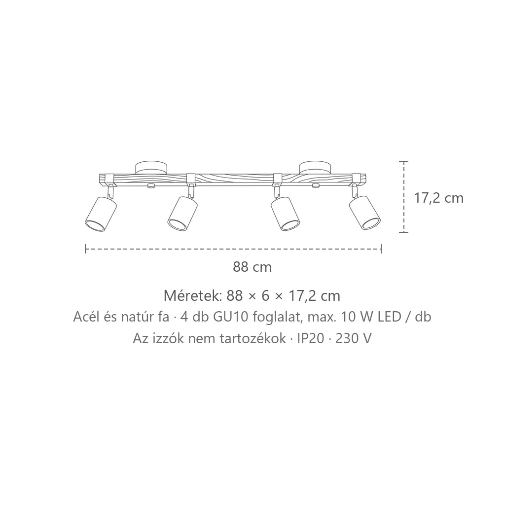 Fekete spotos mennyezeti lámpa fa sínen méretei (4 izzós – 88 cm-es sín): 88 × 6 × 17,2 cm