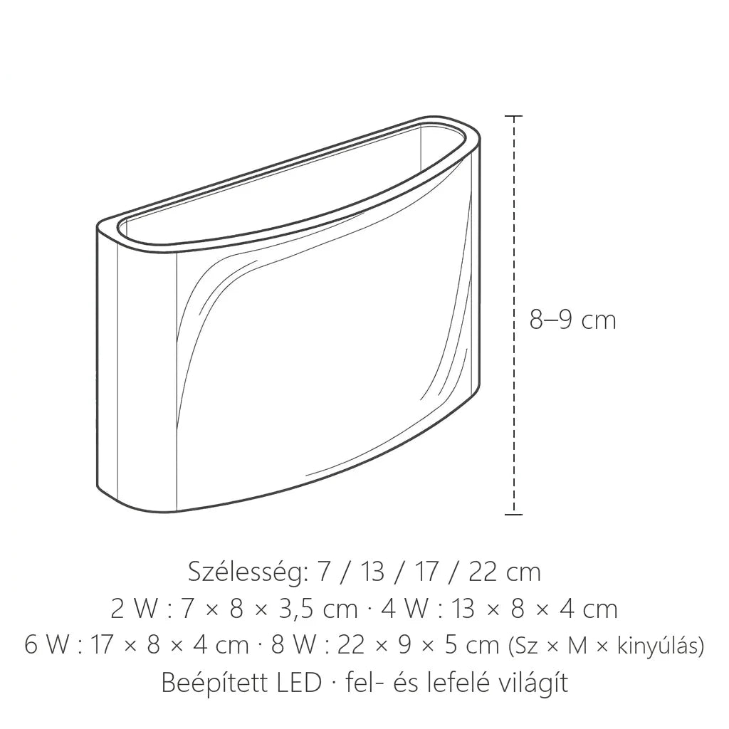 A fel-le világító LED fali lámpa méretei: szélesség 7–22 cm, magasság 8–9 cm