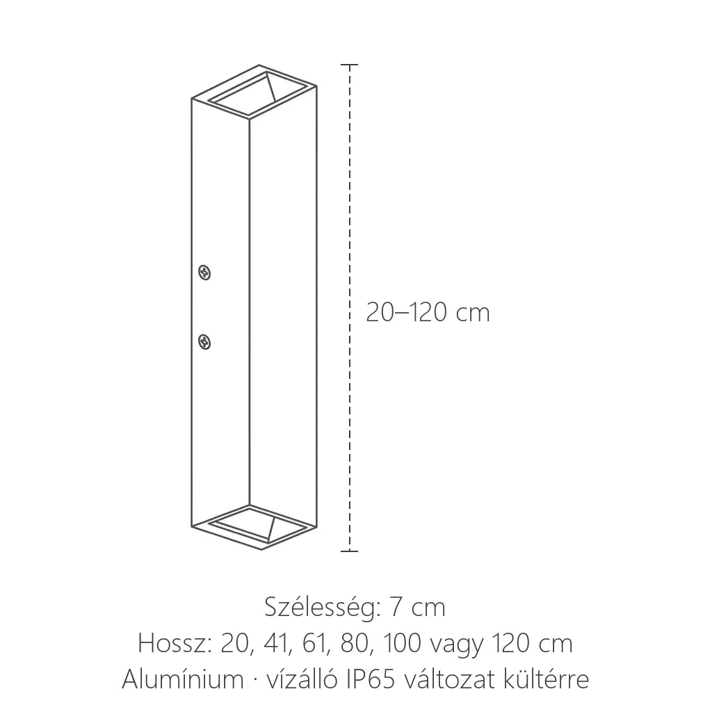 Fel-le világító LED fénypenge méretei: 7 cm széles, 20–120 cm hosszú