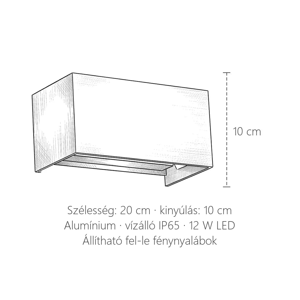 Fel-le világító LED fali lámpa méretei: 20 cm széles, 10 cm magas, IP65