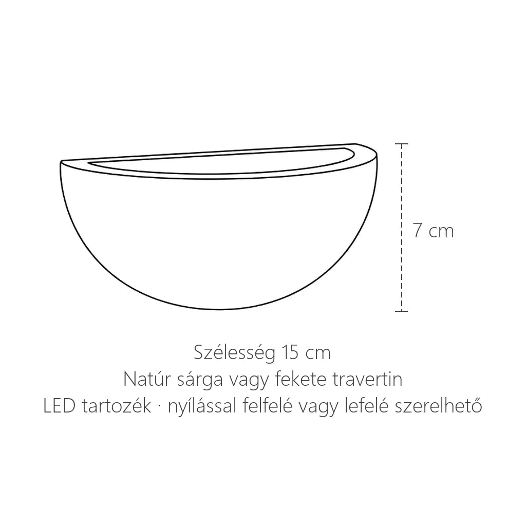 Félgömb travertin LED fali lámpa méretei: 15 cm széles, 7 cm magas
