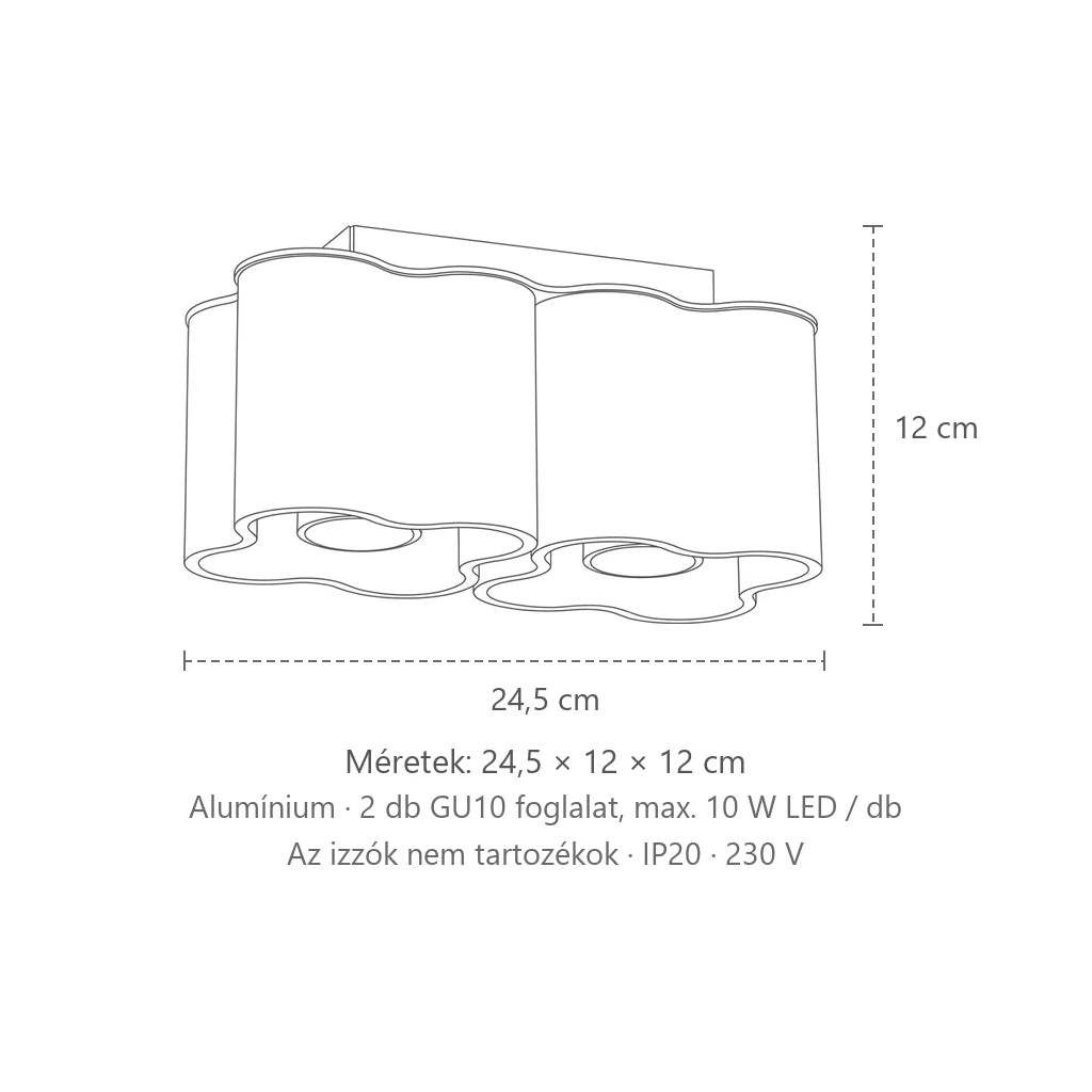 Felhő alakú mennyezeti spotlámpa méretei (2 spot – GU10): 24,5 × 12 × 12 cm