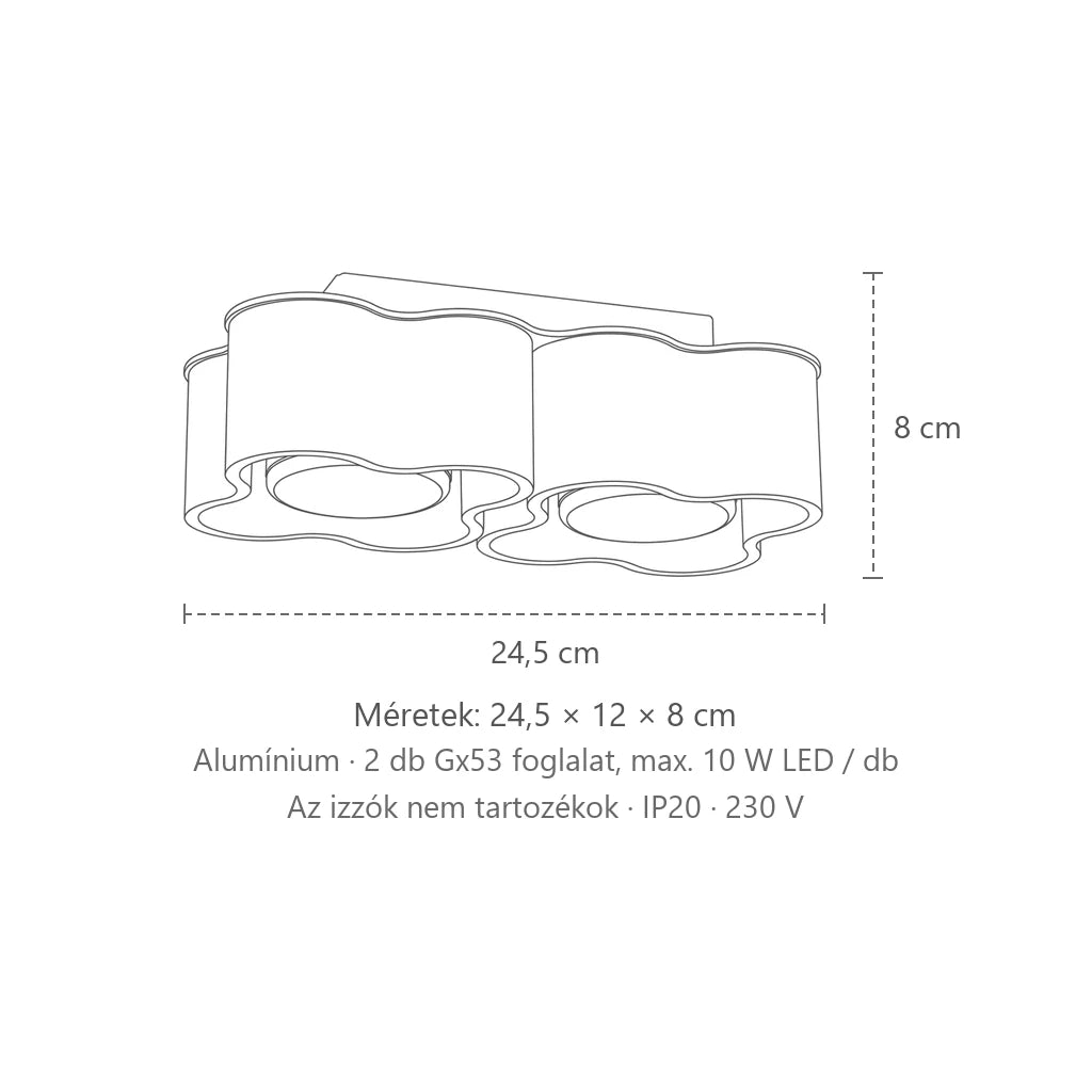 Felhő alakú mennyezeti spotlámpa méretei (2 spot – GX53): 24,5 × 12 × 8 cm