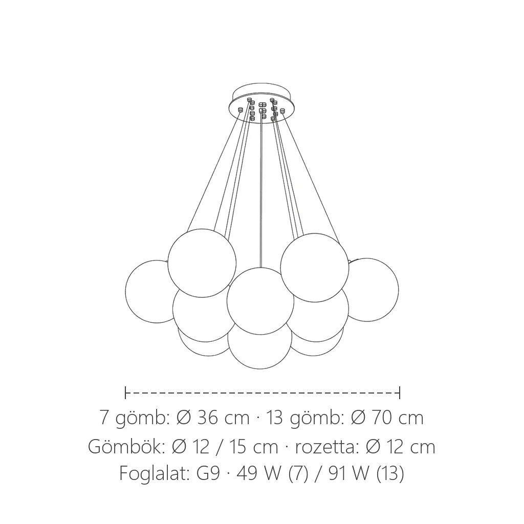 Gömbös függesztő csillár méretei: Ø 36 vagy 70 cm