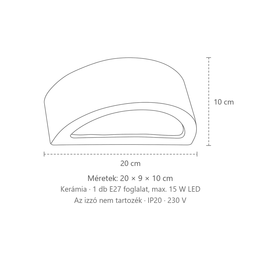 Félhold alakú kerámia vagy beton fali lámpa méretei (20 cm – kerámia): 20 × 9 × 10 cm