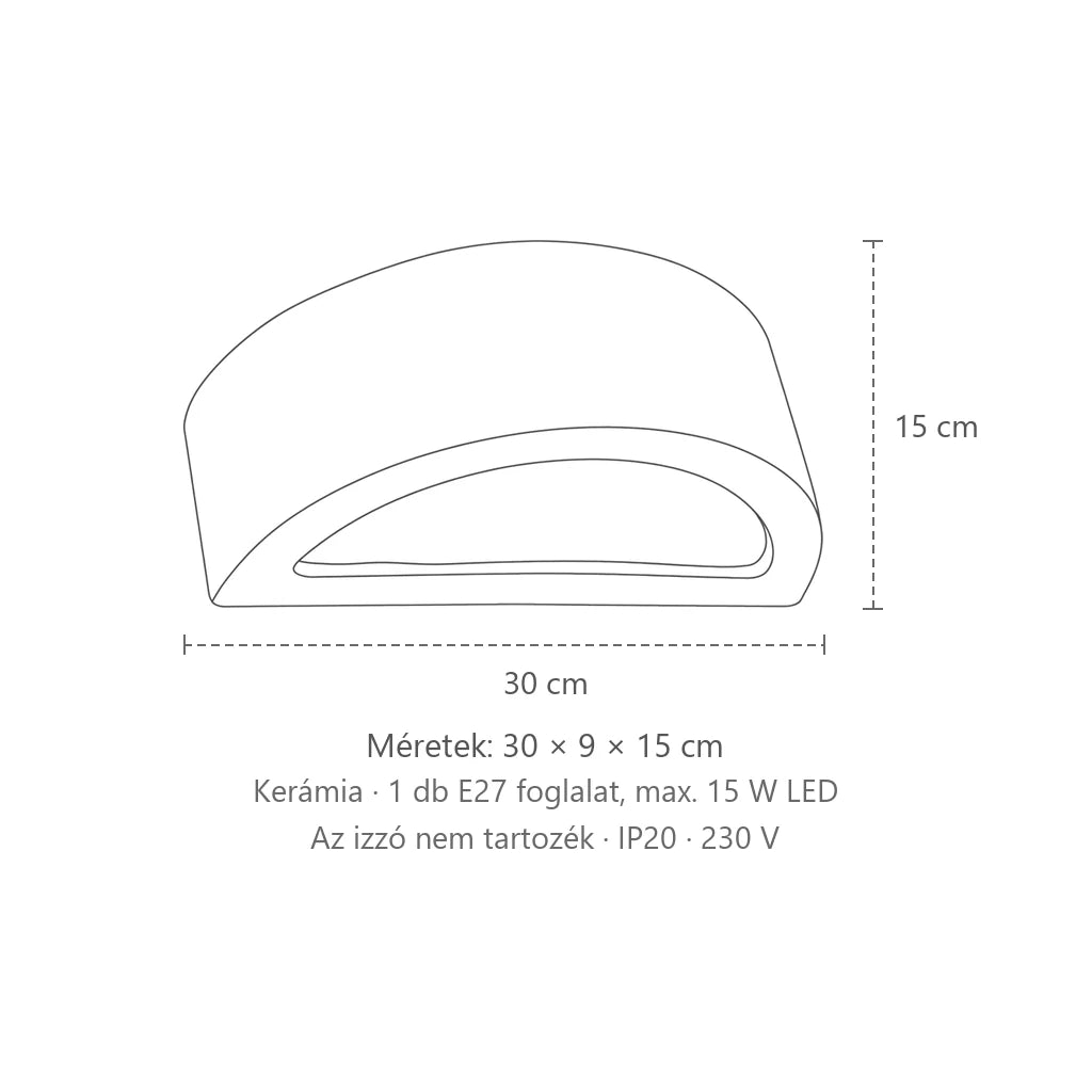 Félhold alakú kerámia vagy beton fali lámpa méretei (30 cm – kerámia): 30 × 9 × 15 cm