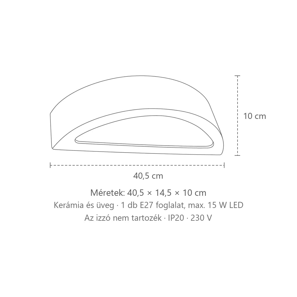 Félhold alakú kerámia vagy beton fali lámpa méretei (40,5 cm – kerámia): 40,5 × 14,5 × 10 cm