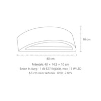 Félhold alakú kerámia vagy beton fali lámpa méretei (40 cm – beton): 40 × 14,5 × 10 cm