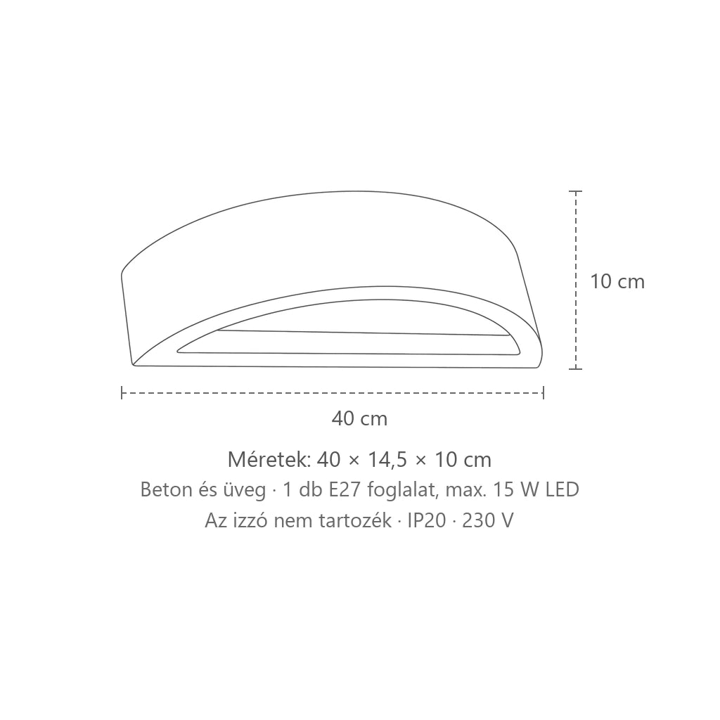 Félhold alakú kerámia vagy beton fali lámpa méretei (40 cm – beton): 40 × 14,5 × 10 cm
