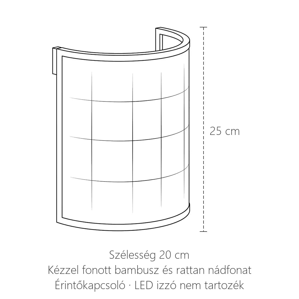Félhold alakú rattan nádfonatos fali lámpa méretei: 25 cm magas, 20 cm széles