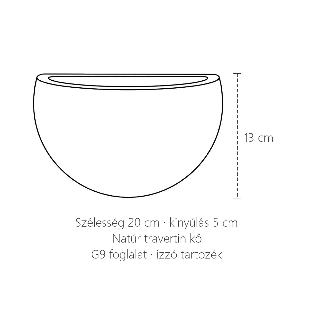 Félhold alakú travertin fali lámpa méretei: 20 cm széles, 13 cm magas