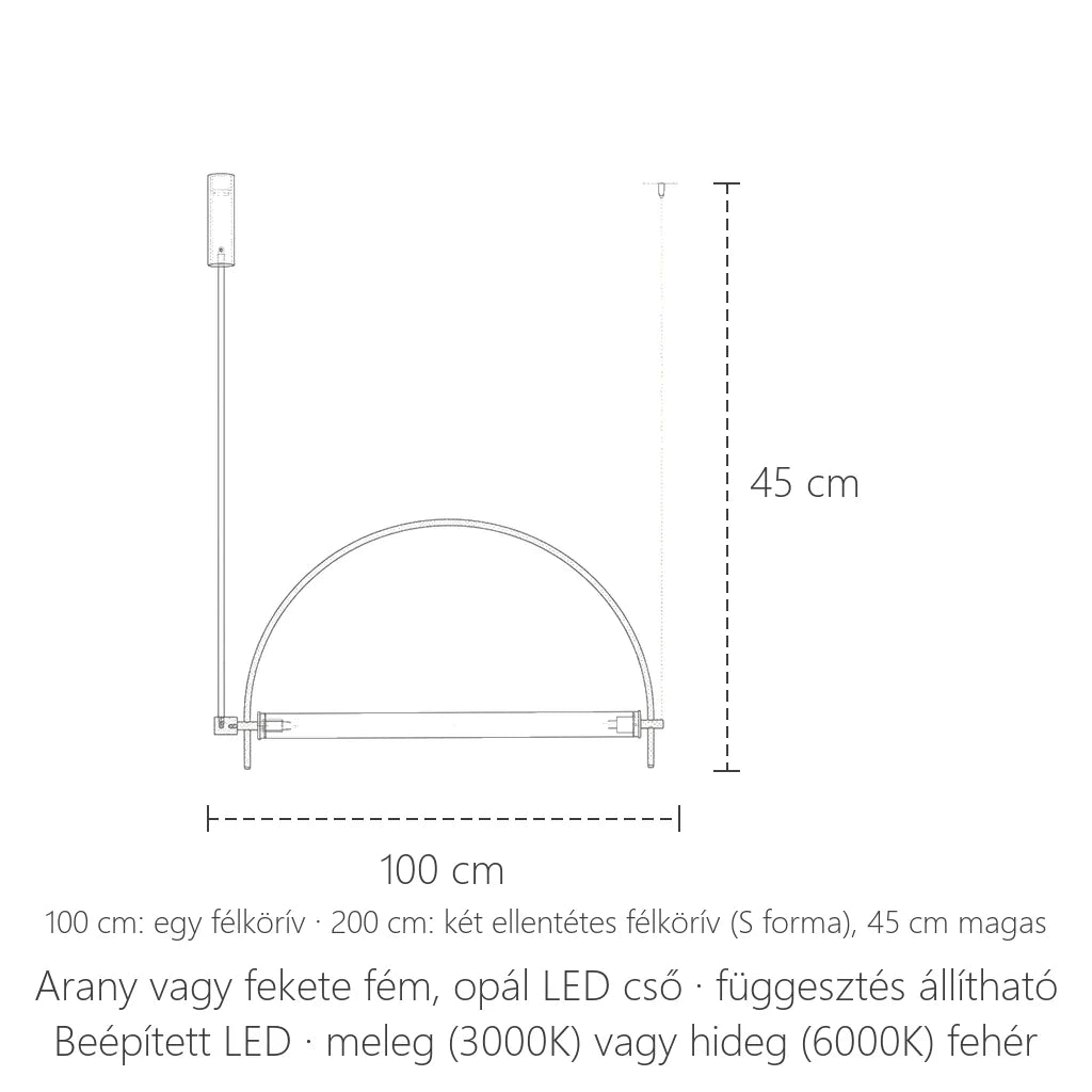 Félkörív LED lámpa méretei: 100 cm, 45 cm magas