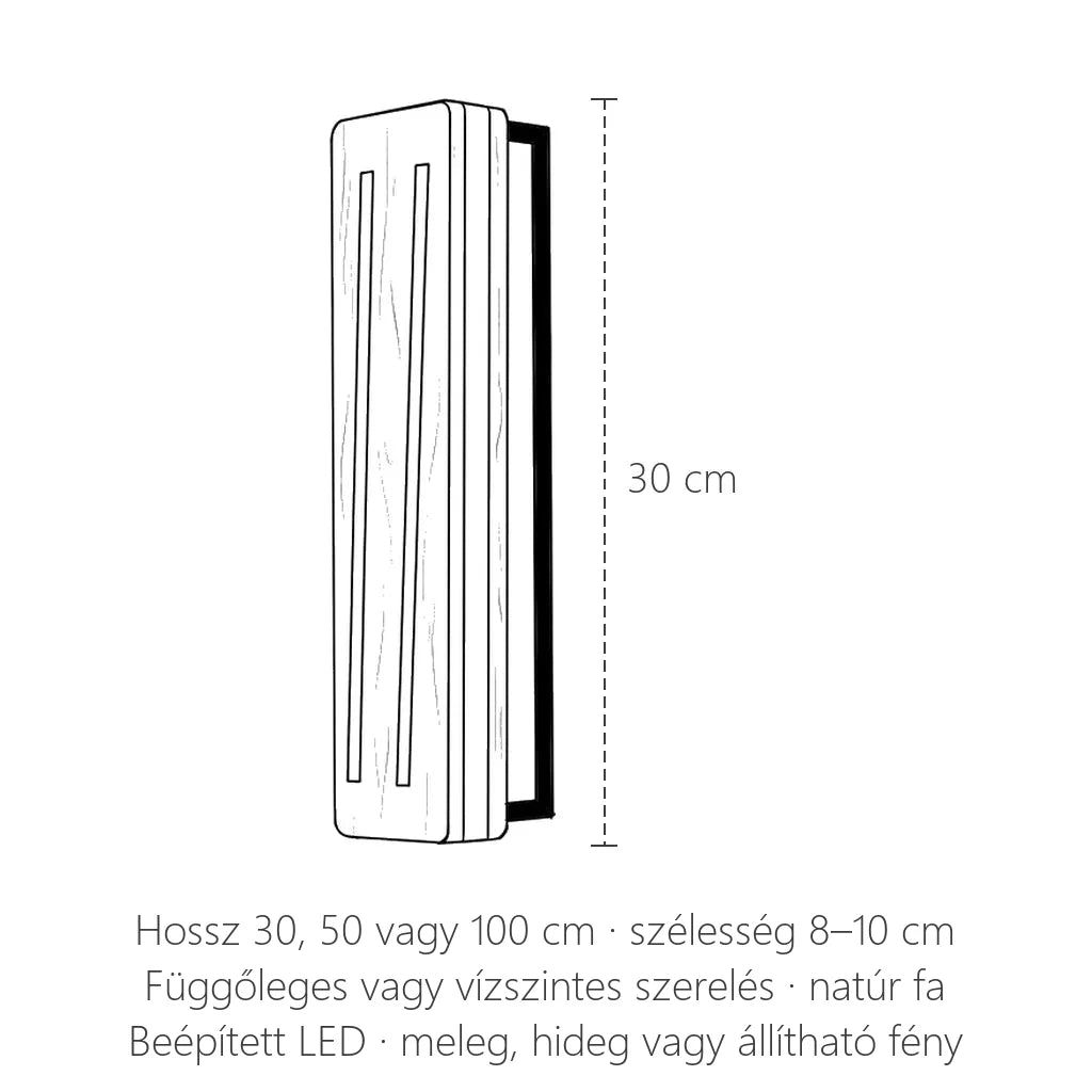 Fényréses fa LED fali lámpa méretei: 30, 50 vagy 100 cm hosszú