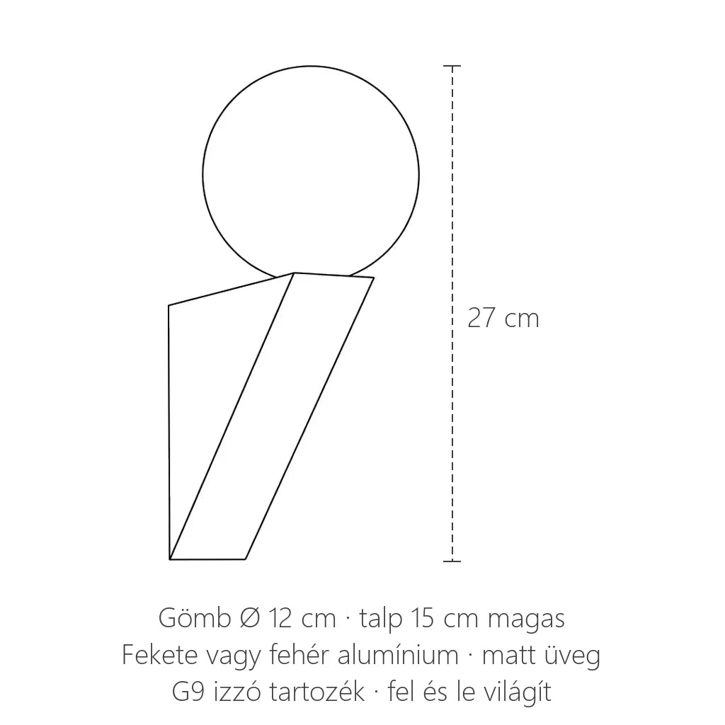 Ferde talpas gömb fali lámpa méretei: 27 cm magas, gömb Ø 12 cm