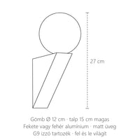 Ferde talpas gömb fali lámpa méretei: 27 cm magas, gömb Ø 12 cm