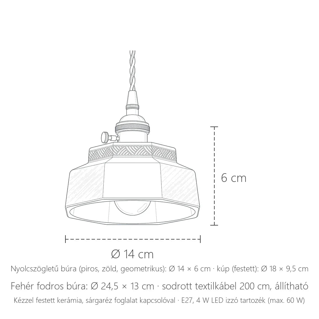 Kerámia függőlámpa méretei: Ø 14 × 6 cm