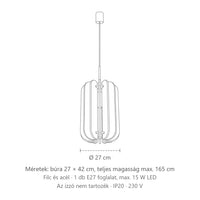 Filc lamellás búrájú függőlámpa méretei (Ø 27 cm): búra 27 × 42 cm, teljes magasság max. 165 cm
