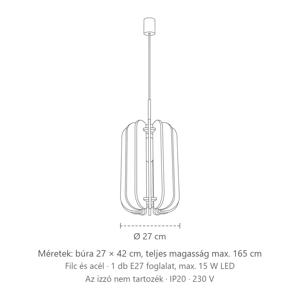 Filc lamellás búrájú függőlámpa méretei (Ø 27 cm): búra 27 × 42 cm, teljes magasság max. 165 cm