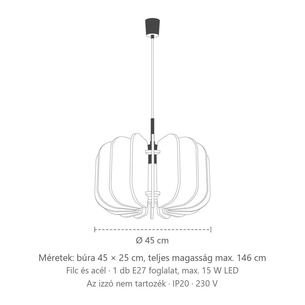 Filc lamellás búrájú függőlámpa méretei (Ø 45 cm): búra 45 × 25 cm, teljes magasság max. 146 cm