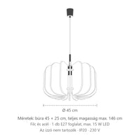 Filc lamellás búrájú függőlámpa méretei (Ø 45 cm): búra 45 × 25 cm, teljes magasság max. 146 cm