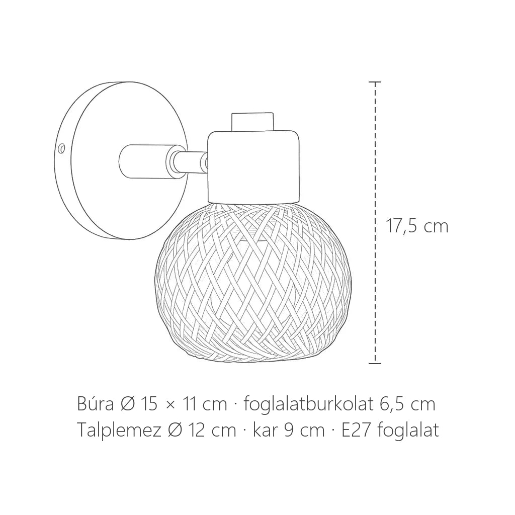 Fonott bambusz gömb fali lámpa méretei: búra Ø 15 × 11 cm, 17,5 cm magas