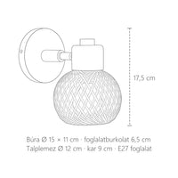 Fonott bambusz gömb fali lámpa méretei: búra Ø 15 × 11 cm, 17,5 cm magas