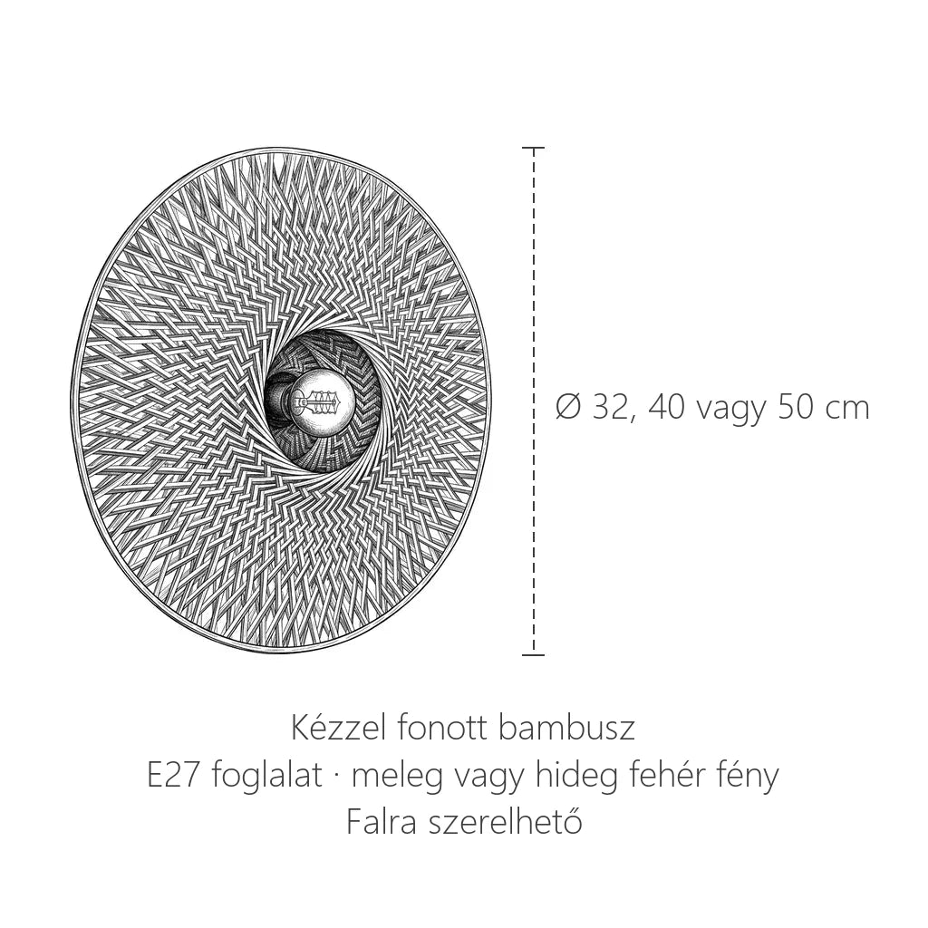 Fonott bambusz korong fali lámpa méretei: Ø 32, 40 vagy 50 cm