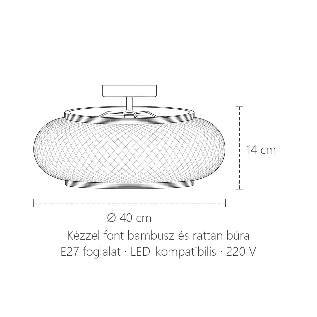 Fonott bambusz mennyezeti lámpa méretei: Ø 40 cm, 14 cm magas