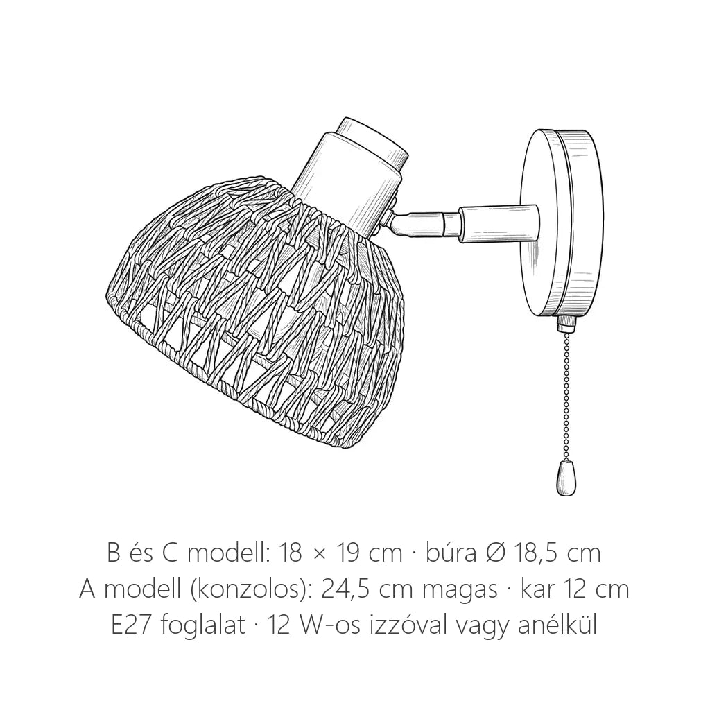 Fonott búrás vidéki fali lámpa méretei: 18 cm magas, búra Ø 18,5 cm