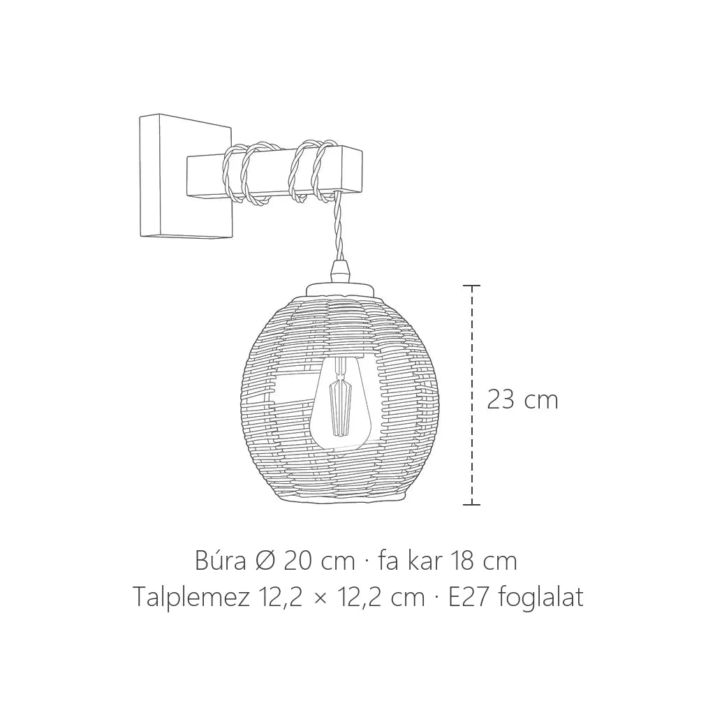 Fonott gömb lámpás fali lámpa méretei: búra Ø 20 cm, 23 cm magas, fa kar 18 cm