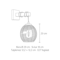 Fonott gömb lámpás fali lámpa méretei: búra Ø 20 cm, 23 cm magas, fa kar 18 cm