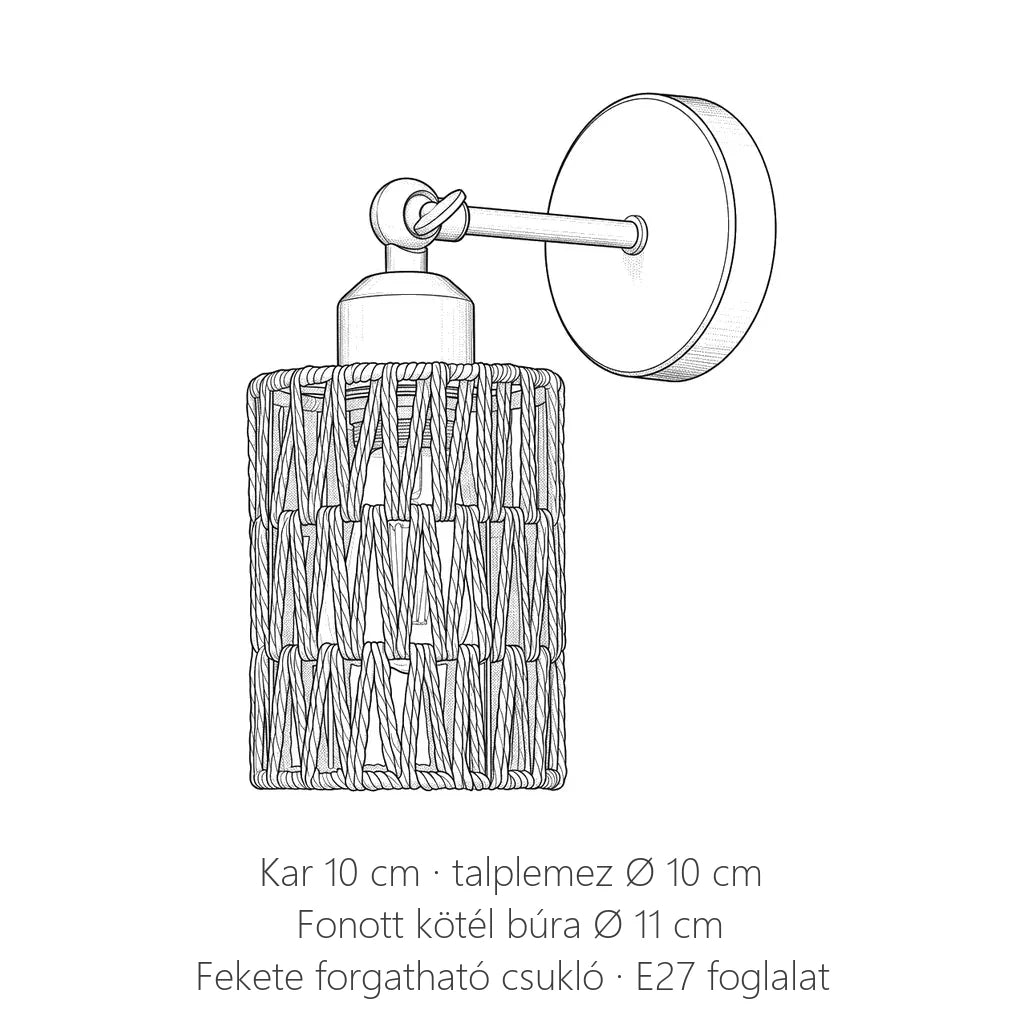 Fonott kötél búrás fali lámpa méretei: kar 10 cm, talplemez Ø 10 cm, búra Ø 11 cm