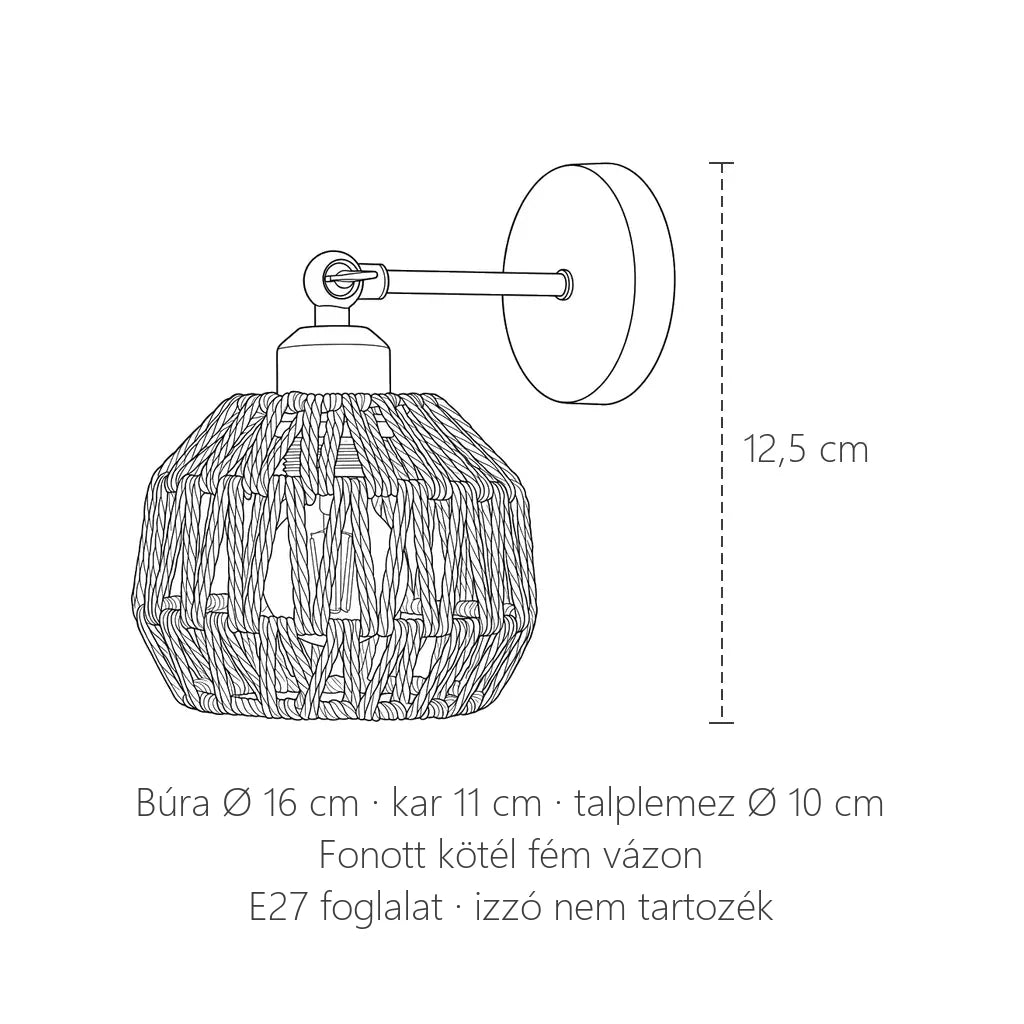 Fonott kötél gömb fali lámpa méretei: búra Ø 16 cm, 12,5 cm magas