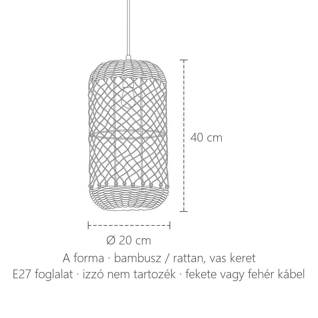 Fonott rattan függőlámpa A forma méretei: Ø 20 × 40 cm