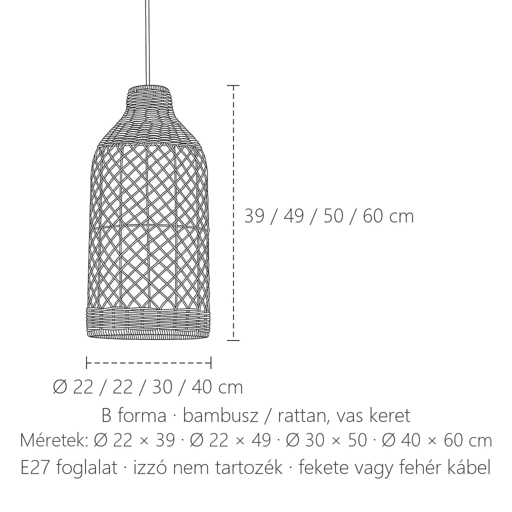 Fonott rattan függőlámpa B forma méretei: Ø 22–40 cm, 39–60 cm magas
