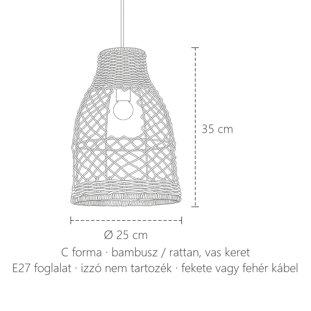 Fonott rattan függőlámpa C forma méretei: Ø 25 × 35 cm