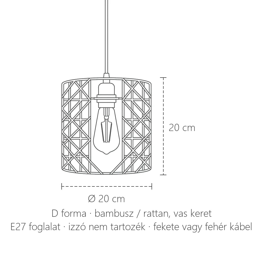 Fonott rattan függőlámpa D forma méretei: Ø 20 × 20 cm