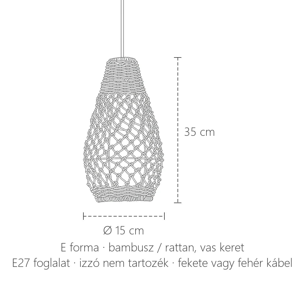 Fonott rattan függőlámpa E forma méretei: Ø 15 × 35 cm